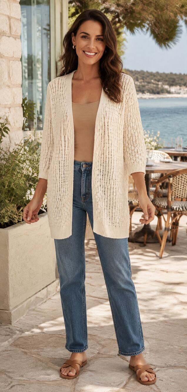 Artelier Nicole Miller XS Ivory Open Knit 3/4 Sleeve Long Cardigan Duster